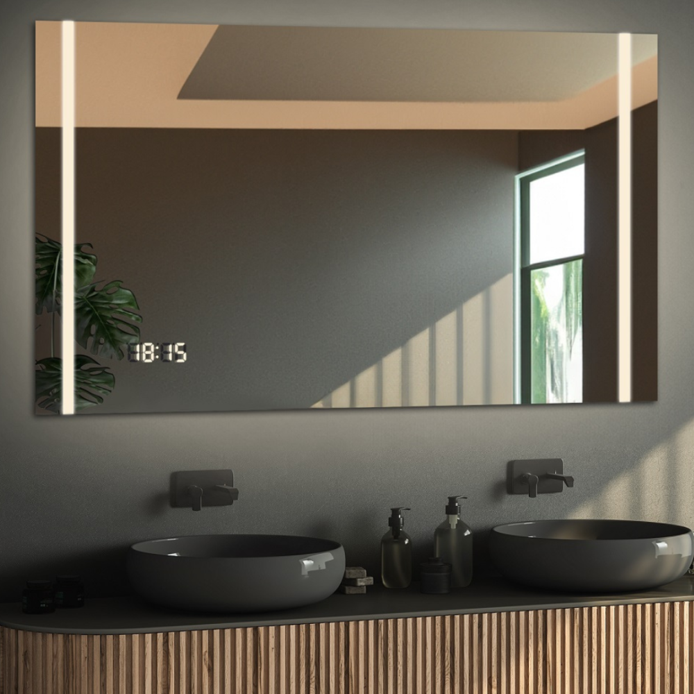 Oglindă de baie dreptunghiulară cu ceas digital - FLAWIA LED PREMIUM