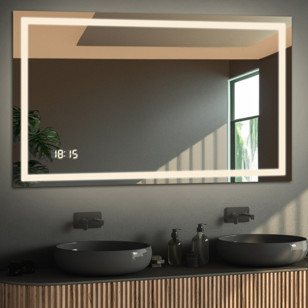 Oglindă de baie dreptunghiulară cu ceas digital - EMI LED PREMIUM