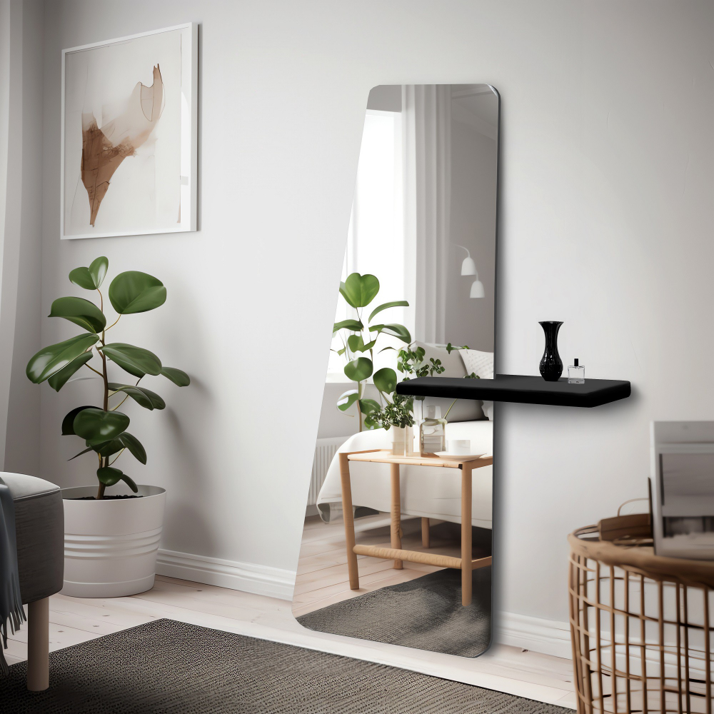 Oglindă modernă de podea, neregulată, cu raft - MATEO SHELF