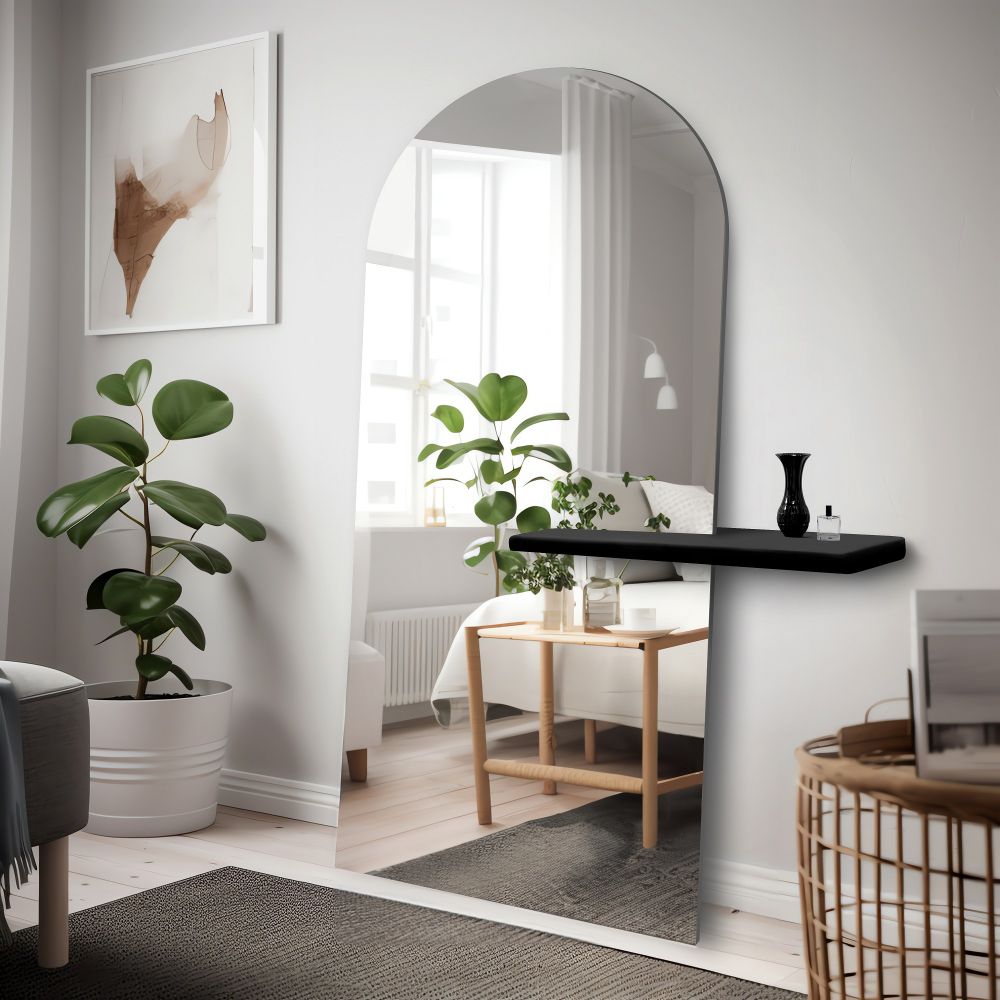 Oglindă modernă de podea, semiovală, cu raft - FRANK SHELF