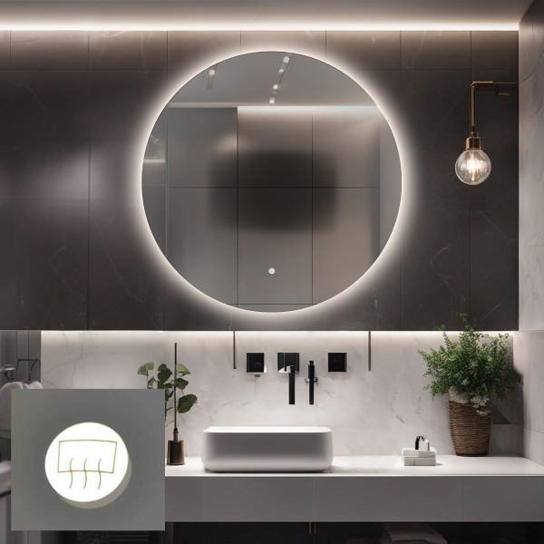 Oglindă rotundă de baie cu covor antipar - CERC LED PREMIUM