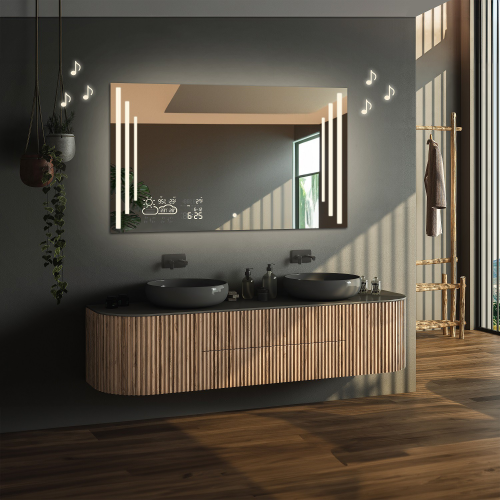 Oglindă de baie dreptunghiulară cu stație meteo, difuzor bluetooth și întrerupător - ALIS LED PREMIUM
