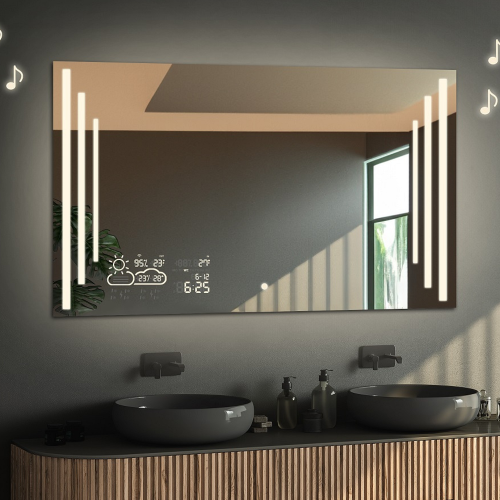 Oglindă de baie dreptunghiulară cu stație meteo, difuzor bluetooth și întrerupător - ALIS LED PREMIUM