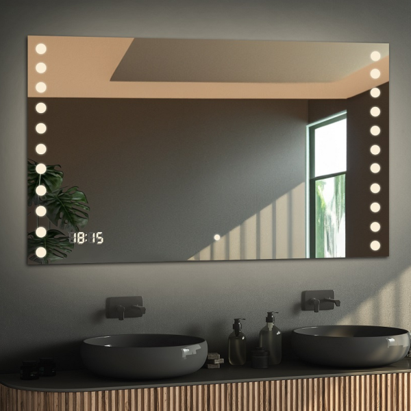 Oglindă de baie dreptunghiulară cu ceas digital și întrerupător - OLIWIA LED PREMIUM