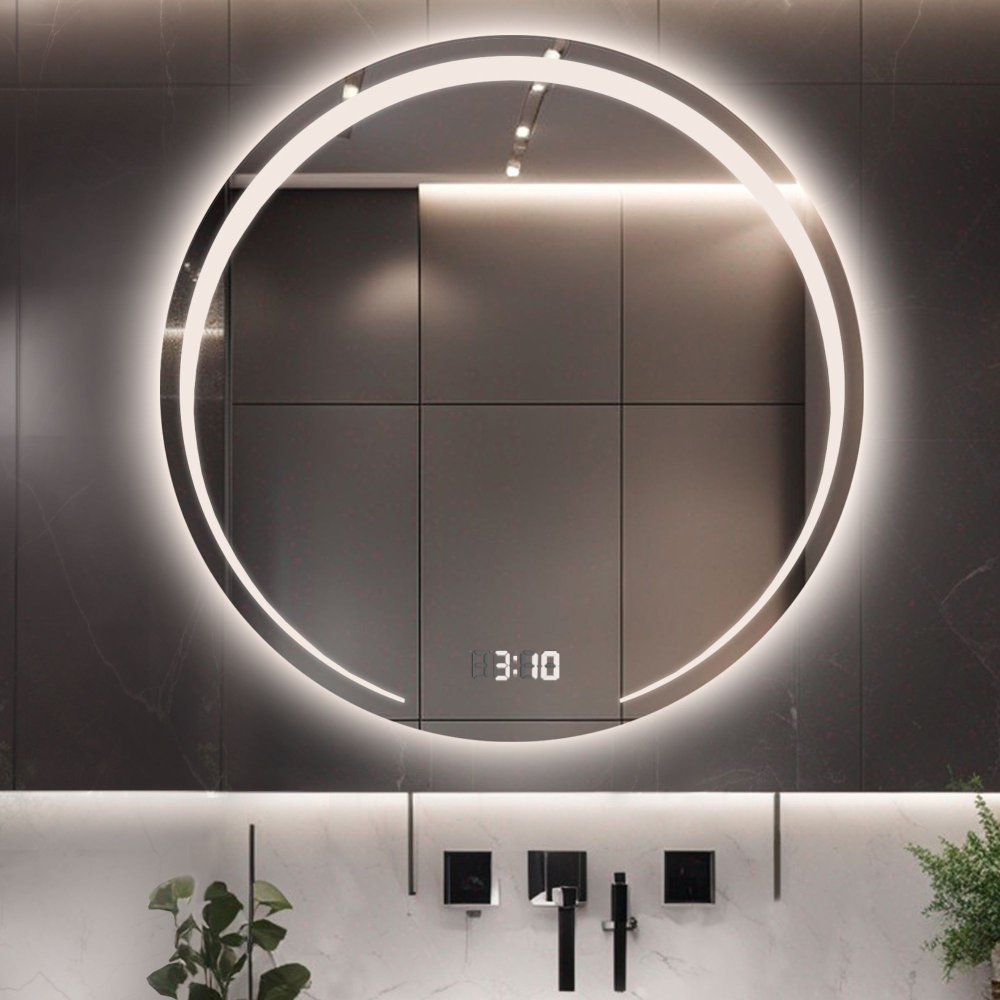 Oglindă rotundă pentru baie cu ceas digital - NELA LED PREMIUM