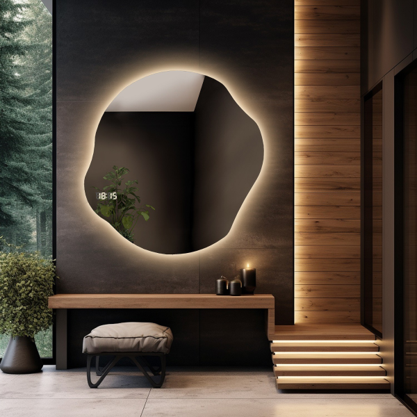 Oglindă de baie de formă neregulată cu ceas digital - CYRKON LED PREMIUM