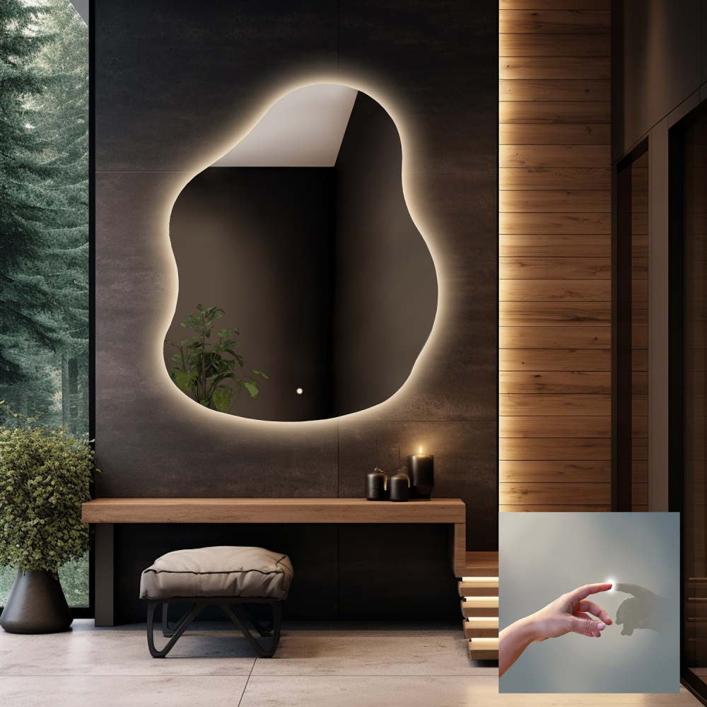 Oglindă de baie de formă neregulată cu întrerupător - STONE LED PREMIUM