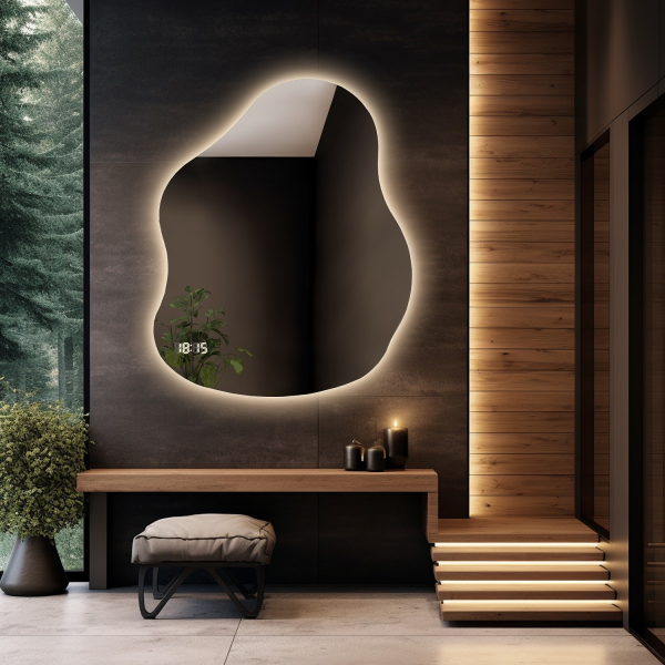 Oglindă de baie de formă neregulată cu ceas digital - STONE LED PREMIUM
