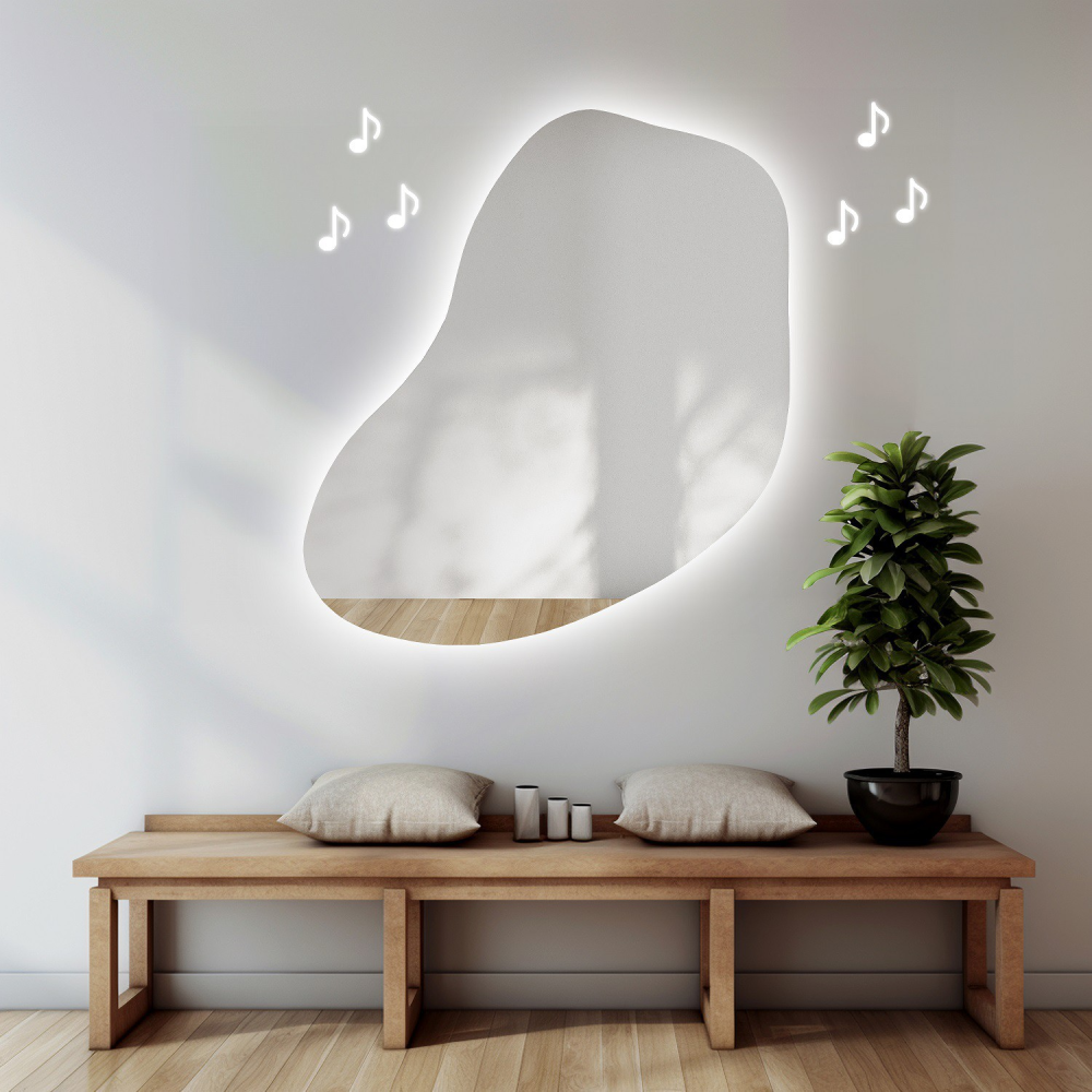 Oglindă de baie de formă neregulată cu difuzor bluetooth - KWARC LED PREMIUM Oglindă de baie de formă neregulată cu difuzor bluetooth - KWARC LED PREMIUM