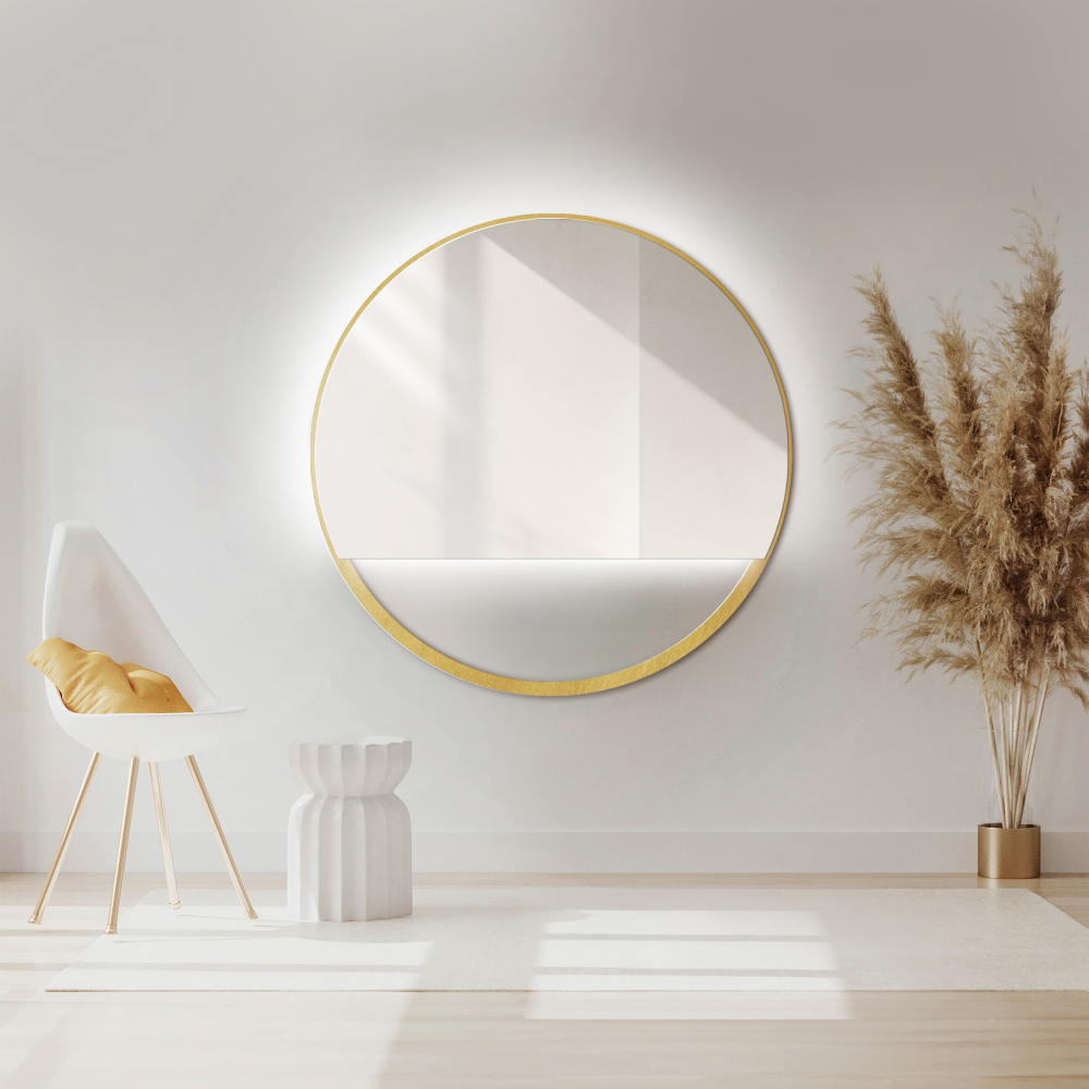 Oglindă rotundă în ramă de MDF auriu SLIM cu spațiu liber - OLENA LED Oglindă rotundă în ramă de MDF auriu SLIM cu spațiu liber - OLENA LED
