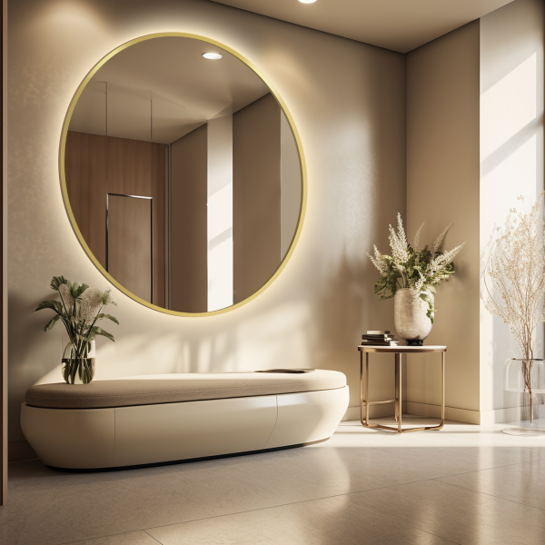 Oglindă rotundă în ramă aurie din MDF SLIM cu iluminare - OTYLIA LED - culoarea ramei la alegere