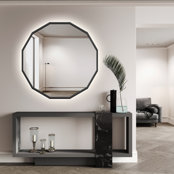 Oglindă multi-unghiulară cu ramă neagră din MDF - WIELO LED - culoarea ramei la alegere