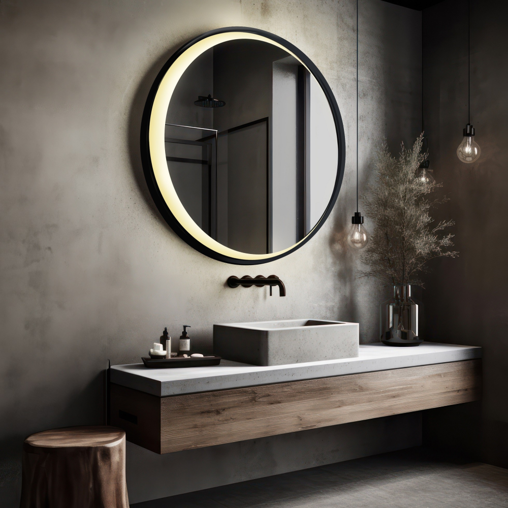 Oglindă rotundă în ramă MDF neagră cu lună sablată LED – MIDNIGHT LED Oglindă rotundă în ramă MDF neagră cu lună sablată LED – MIDNIGHT LED