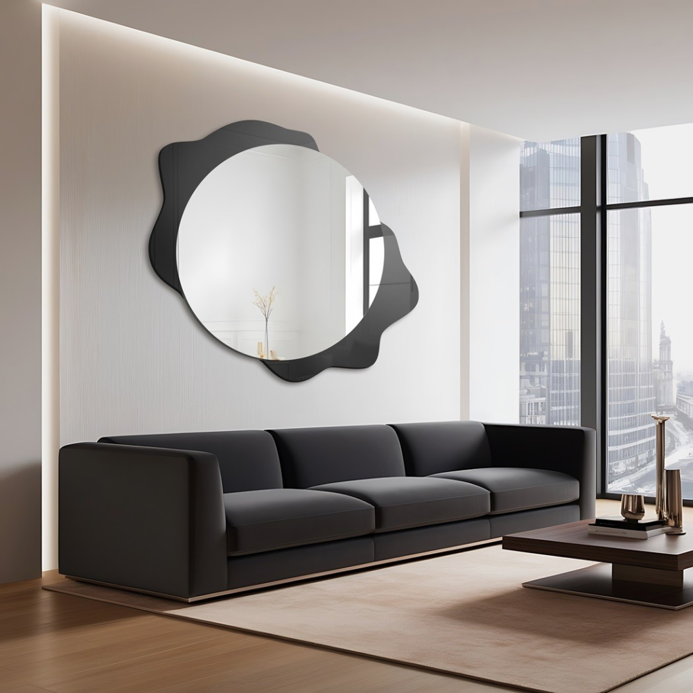 Oglindă decorativă rotundă pe pată neagră – DARK DROP Oglindă decorativă rotundă pe pată neagră – DARK DROP