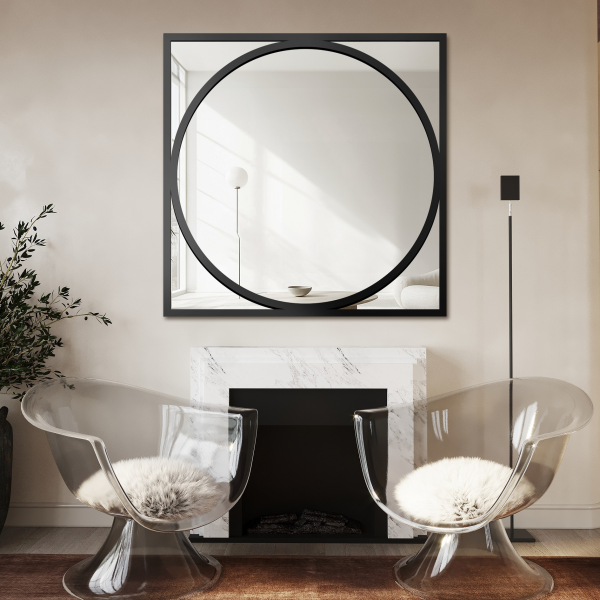 Oglindă cu ramă din MDF negru, cerc în pătrat - COSMO