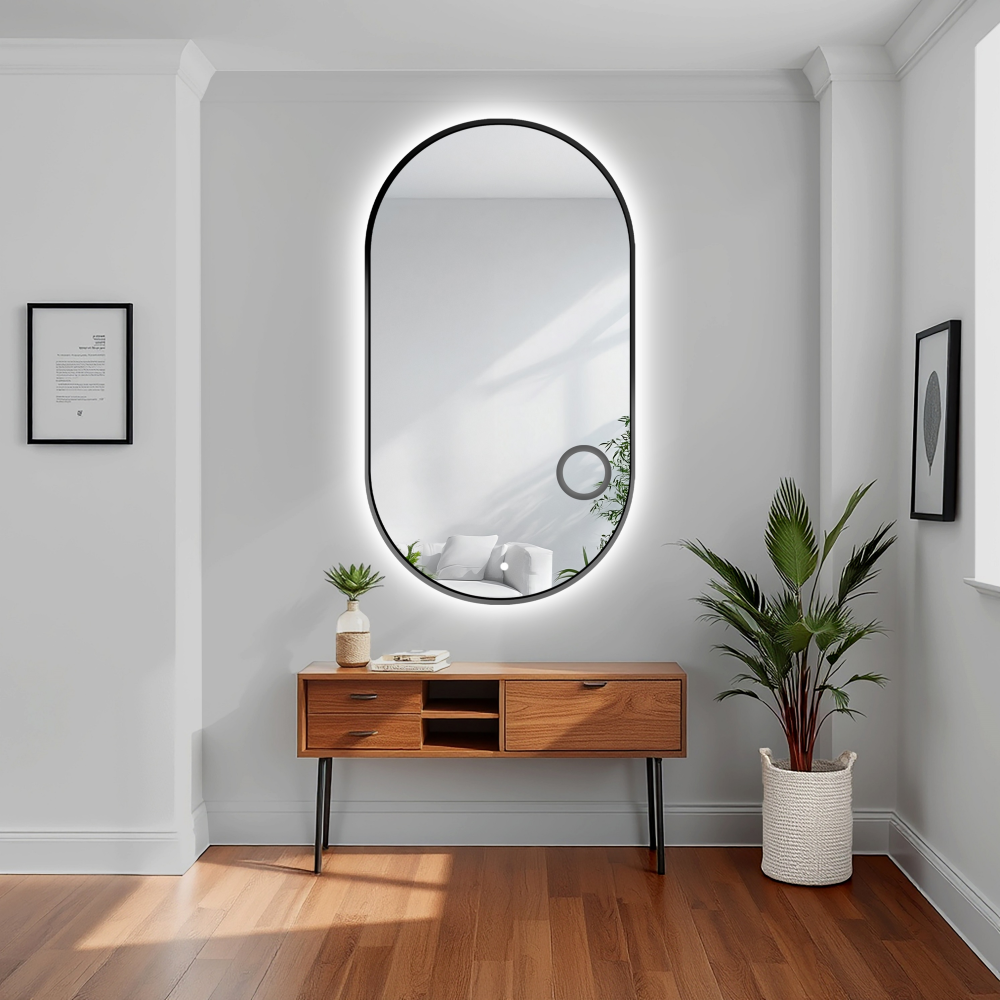 Oglindă ovală în ramă cu oglindă cu zoom și întrerupător - OLI LED PREMIUM