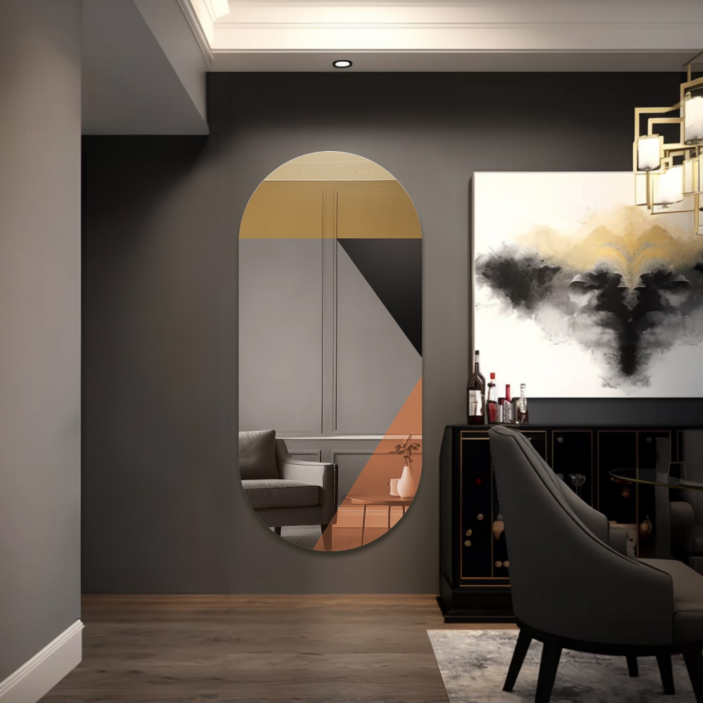 Oglindă ovală cu panou decorativ de culoare auriu-cupru și lacobel negru - RIO