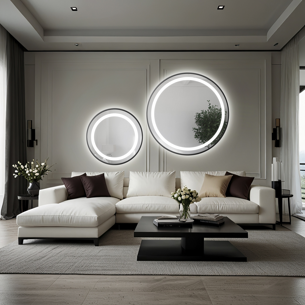 Set de oglinzi rotunde sablate, cu ramă neagră din MDF SLIM, cu iluminare STELLA LED II - culoare la alegere a ramei Set de oglinzi rotunde sablate, cu ramă neagră din MDF SLIM, cu iluminare STELLA LED II - culoare la alegere a ramei
