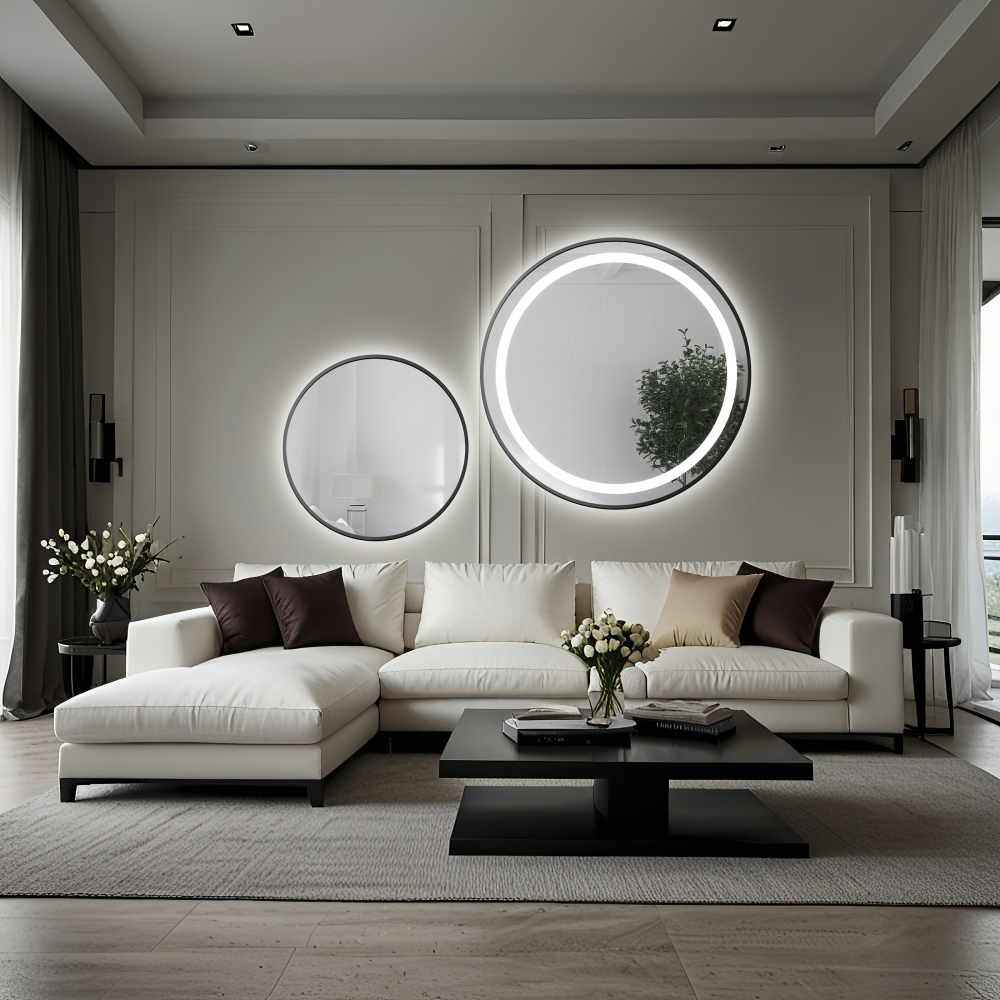 Set de oglinzi rotunde sablate, cu ramă neagră din MDF SLIM, cu iluminare din spate STELLA LED - la alegere culoarea ramei Set de oglinzi rotunde sablate, cu ramă neagră din MDF SLIM, cu iluminare din spate STELLA LED - la alegere culoarea ramei