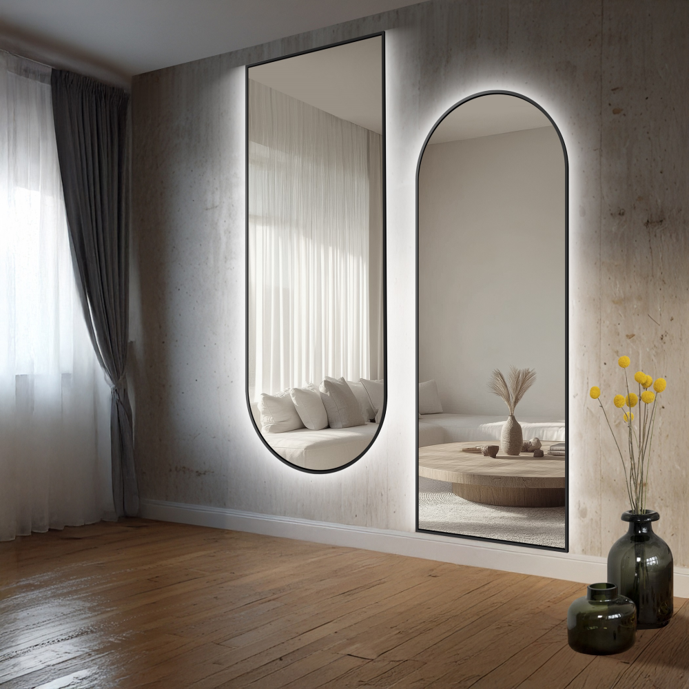 Set de două oglinzi semiovalente cu ramă neagră din MDF SLIM cu iluminare din spate - DOMI LED SET - culoarea ramei la alegere Set de două oglinzi semiovalente cu ramă neagră din MDF SLIM cu iluminare din spate - DOMI LED SET - culoarea ramei la alegere