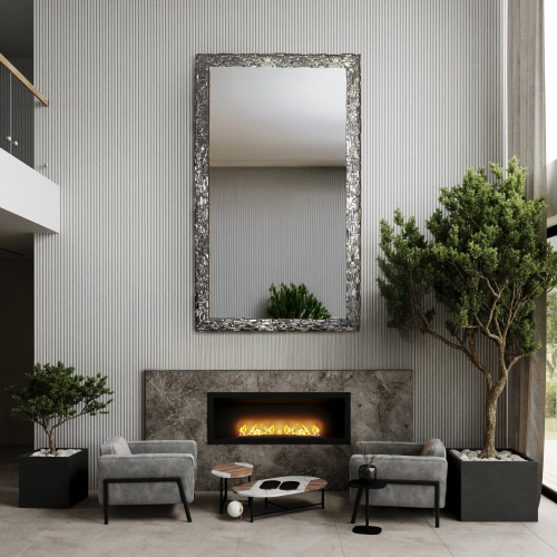 Oglindă de perete de lux cu ramă argintie bogat decorată - 9003002