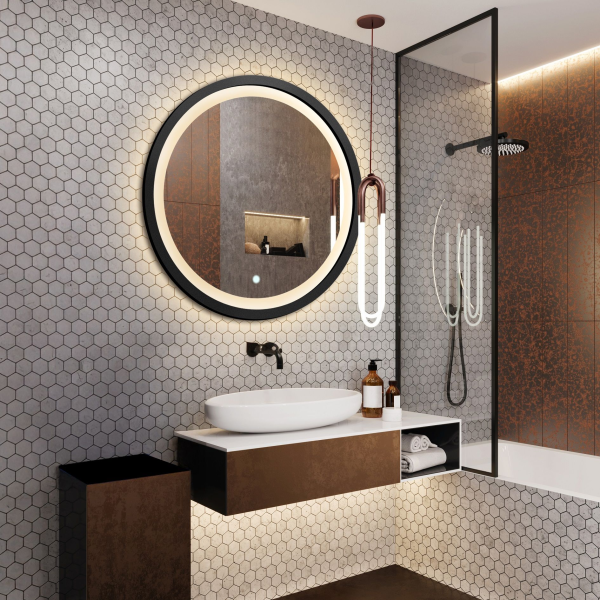 Oglindă rotundă cu ramă din mdf negru mat cu iluminare sablată - OTIS LED - culoarea ramei la alegere