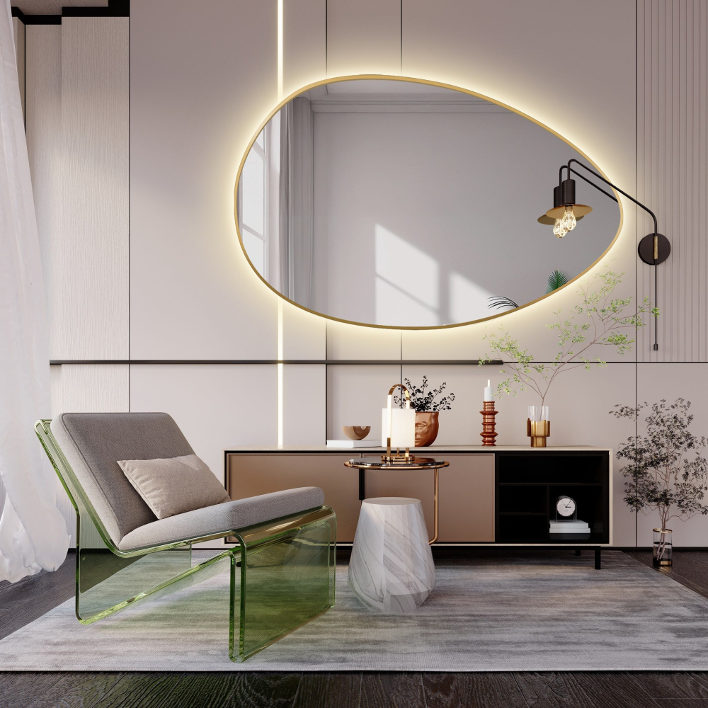 Oglindă organică în ramă aurie din MDF SLIM cu iluminare - ZOE LED - culoarea ramei la alegere Oglindă organică în ramă aurie din MDF SLIM cu iluminare - ZOE LED - culoarea ramei la alegere