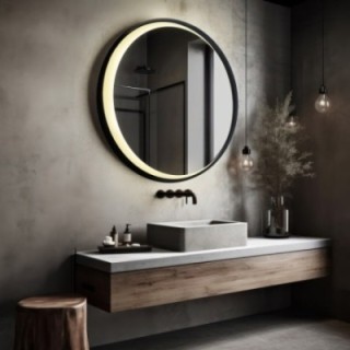 Oglindă rotundă în ramă MDF neagră cu lună sablată LED – MIDNIGHT LED
