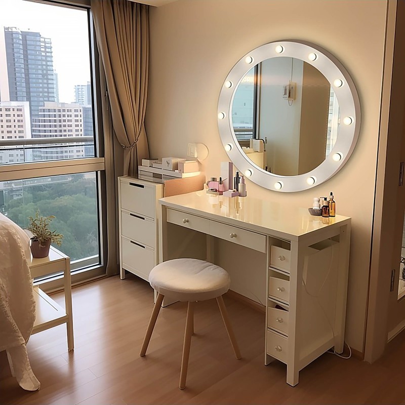 Oglindă cosmetică rotundă cu becuri în cadru MDF - NEW YORK