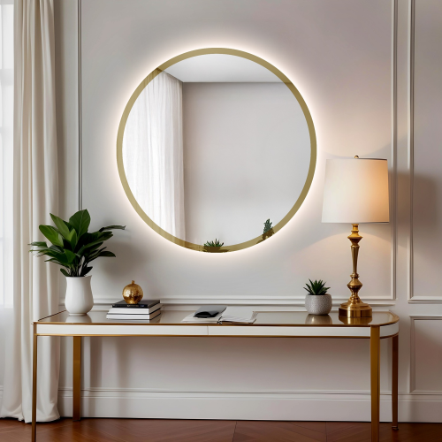 Oglindă rotundă în ramă aurie lucioasă cu iluminare - BELLA LED