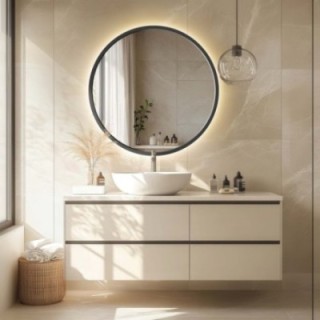 Oglindă rotundă în ramă MDF negru mat cu iluminare - OTTO LED - culoarea ramei la alegere