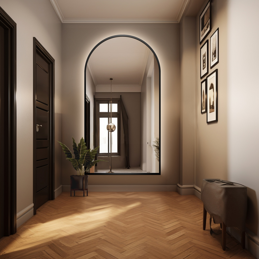 Oglindă semiovală în cadru MDF negru cu iluminare - BERDO LED Oglindă semiovală în cadru MDF negru cu iluminare - BERDO LED