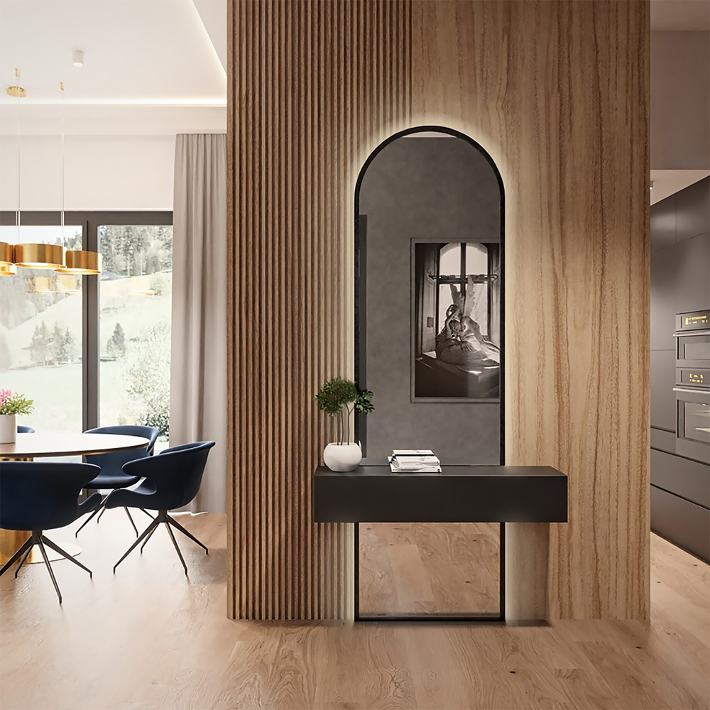 Oglindă semiovală pentru măsuță de toaletă cu ramă din mdf negru în două părți -BERDO LED - culoarea ramei la alegere