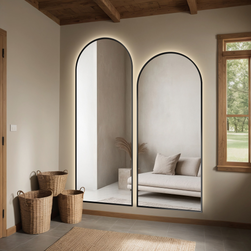 Set de două oglinzi semiovalente cu ramă neagră din MDF SLIM cu iluminare - DOMI II SET ÎN CADRU LED