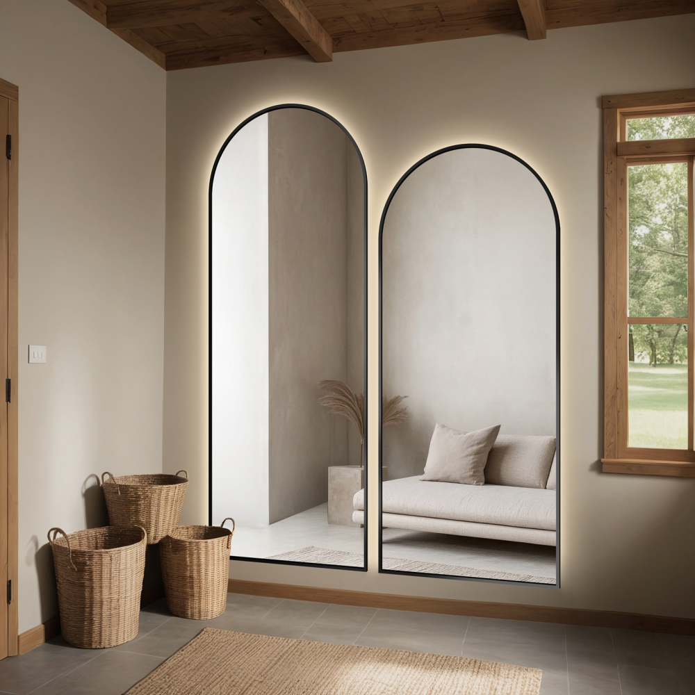 Set de două oglinzi semiovalente cu ramă neagră din MDF SLIM cu iluminare - DOMI II SET ÎN CADRU LED