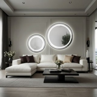 Set de oglinzi rotunde sablate, cu ramă neagră din MDF SLIM, cu iluminare STELLA LED II - culoare la alegere a ramei