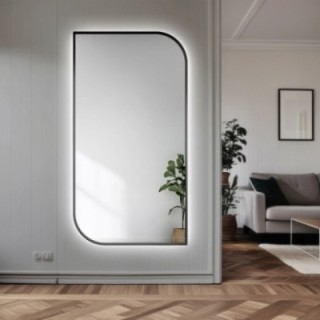 Oglindă din MDF negru cu ramă SLIM cu iluminare - LED TEARDROP - alegerea culorii ramei