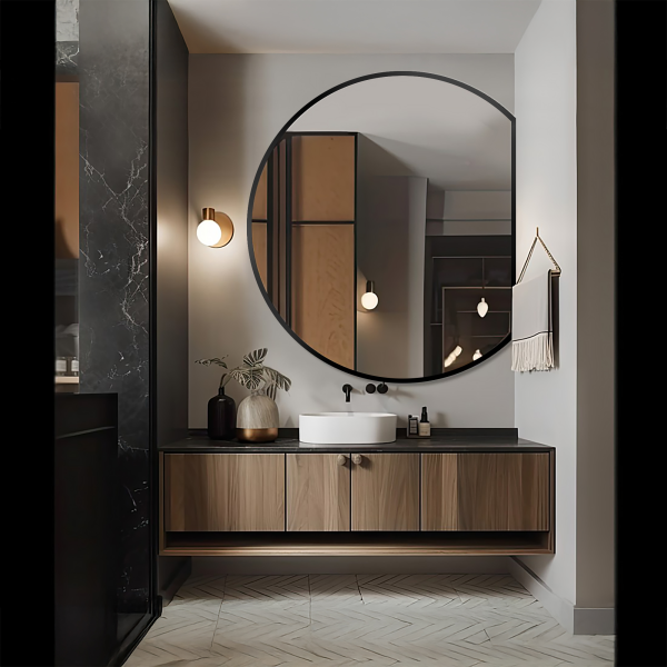 Oglindă rotundă cu ramă neagră mată din mdf - OTTO LATURĂ TĂIATĂ