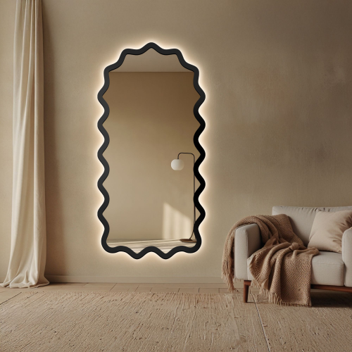 Oglindă semi-ovală cu ramă ondulată din MDF și iluminare interioară - AQUARELLE SONA LED