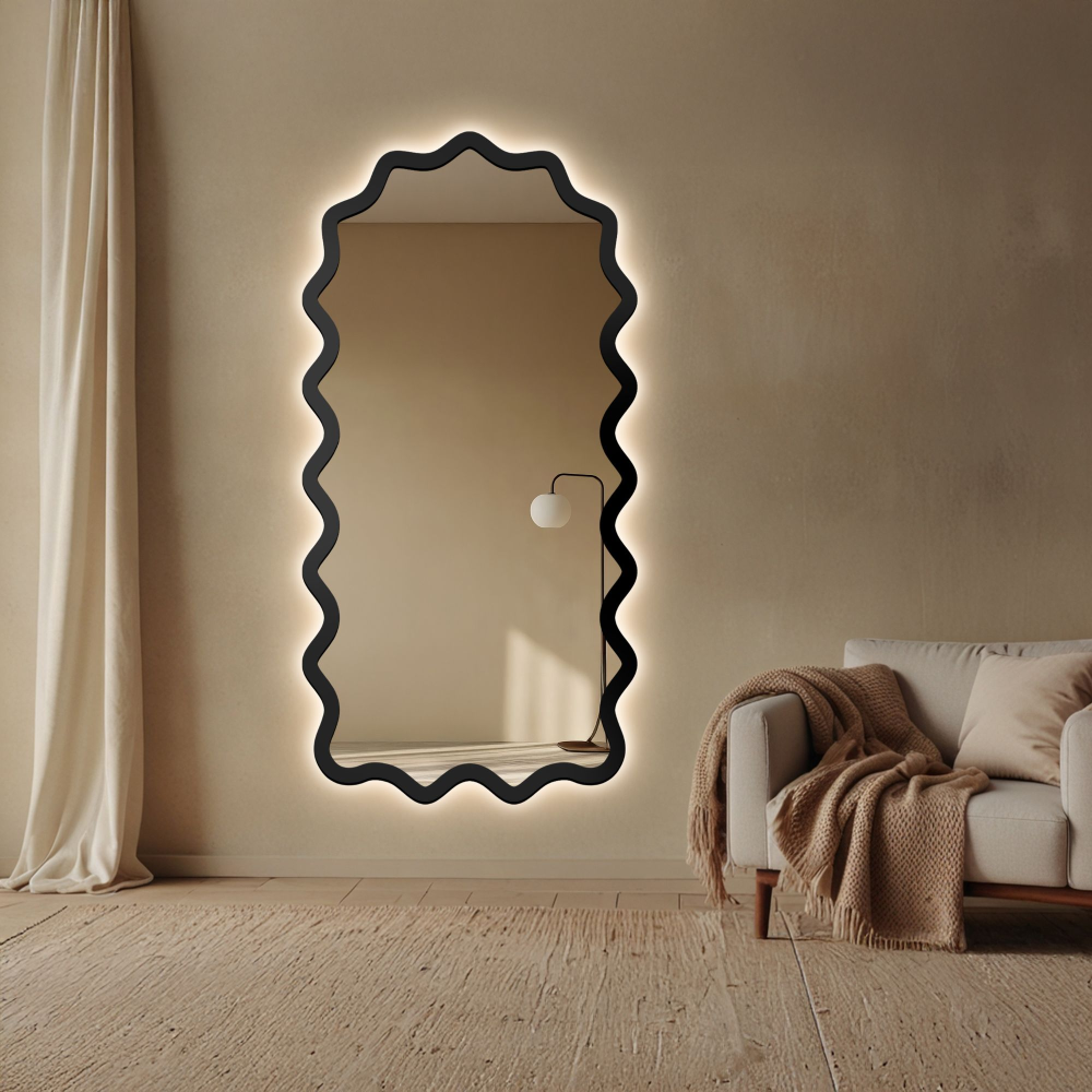 Oglindă semi-ovală cu ramă ondulată din MDF și iluminare interioară - AQUARELLE SONA LED