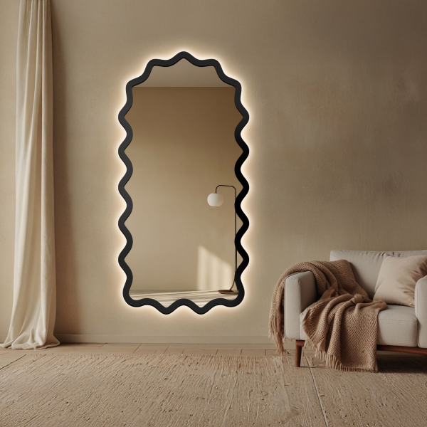 Oglindă semi-ovală cu ramă ondulată din MDF și iluminare interioară - AQUARELLE SONA LED