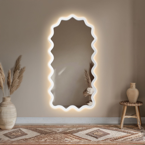 Oglindă semi-ovală cu ramă ondulată din MDF și iluminare interioară - AQUARELLE SONA LED