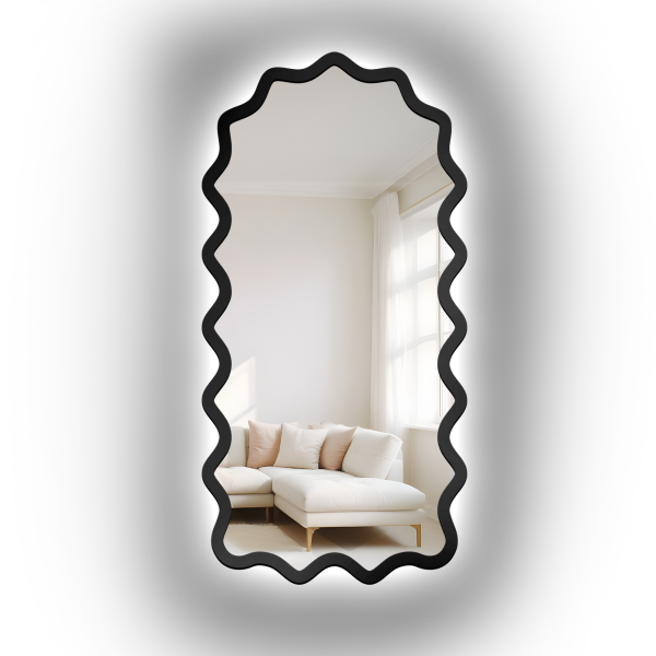 Oglindă semi-ovală cu ramă ondulată din MDF și iluminare interioară - AQUARELLE SONA LED