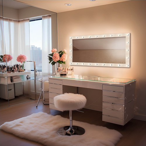 Oglindă cosmetică dreptunghiulară cu becuri în cadru MDF - VEGAS