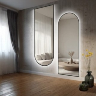 Set de două oglinzi semiovalente cu ramă neagră din MDF SLIM cu iluminare din spate - DOMI LED SET - culoarea ramei la alegere