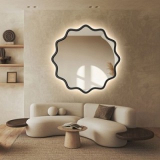 Oglindă rotundă cu ramă ondulată din MDF și iluminare interioară - AQUARELLE NAYA LED