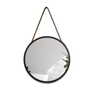 Oglindă rotundă cu ramă neagră mată și curea din piele maro - OTTO BANDĂ BRONZE - culoarea ramei la alegere