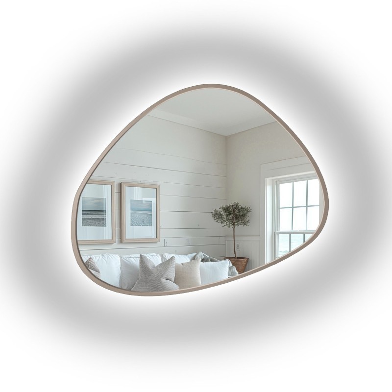 Oglindă cu formă organică, în ramă din MDF de culoarea cașmirului, cu iluminare interioară - MARIS SAND LED ÎN RAMĂ
