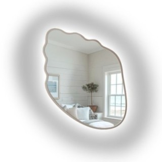 Oglindă cu formă organică, în ramă din MDF de culoarea cașmirului, cu iluminare interioară - MARIS SHELL LED ÎN RAMĂ