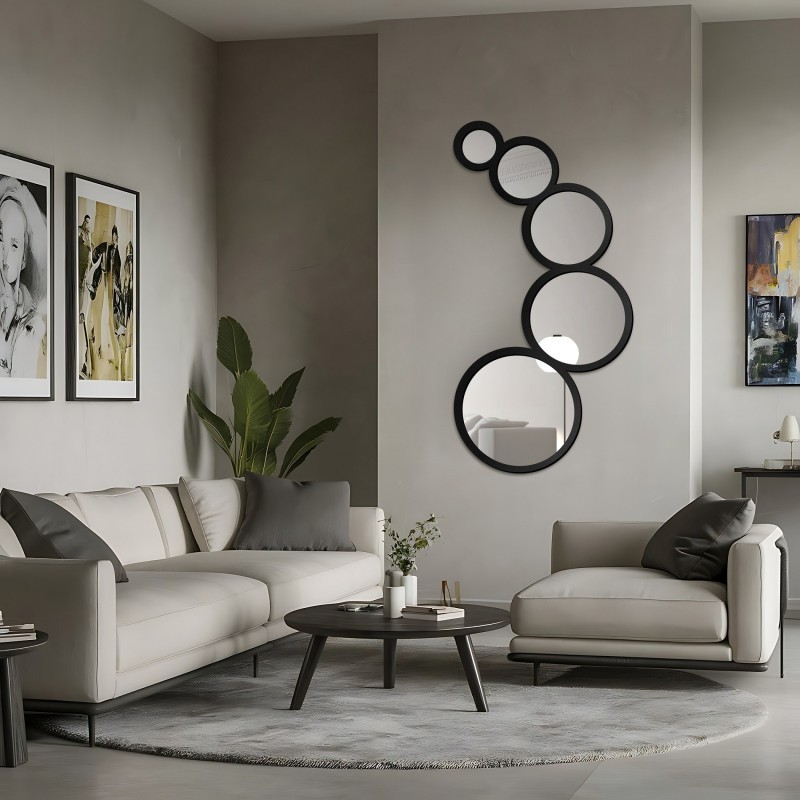 Oglindă decorativă cu 5 cercuri, în ramă MDF - DYZMA - culoarea ramei la alegere